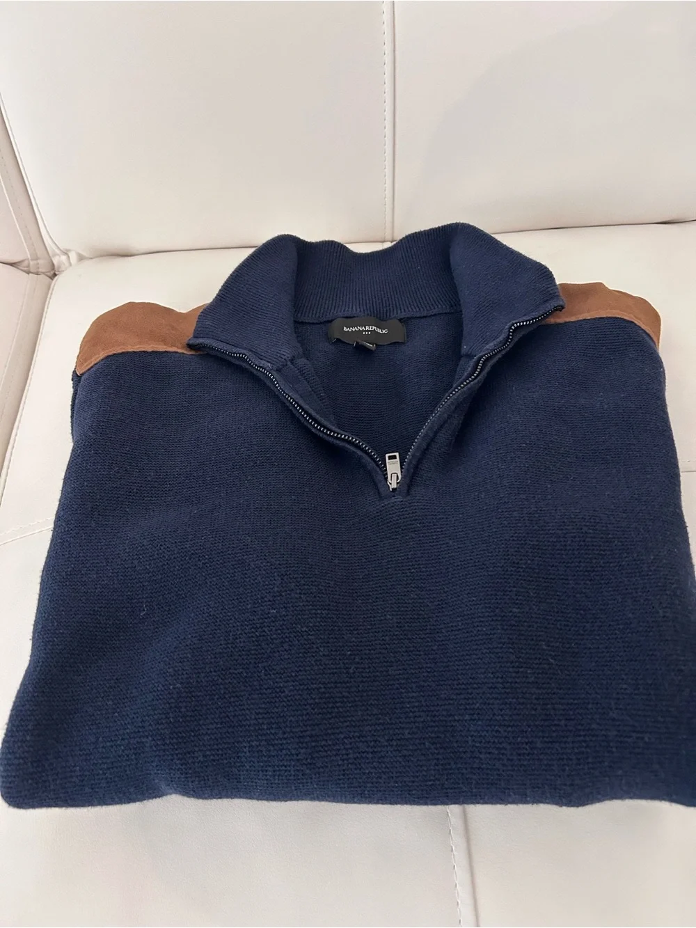 Banana Republic Navy Half-Zip Sweater with Brown Suede Shoulder Patches